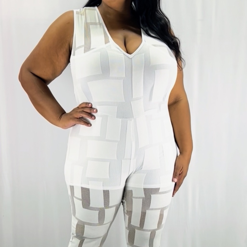 Plus Size 2X White Mesh Jumpsuit Sheer Geometric Print Bodysuit